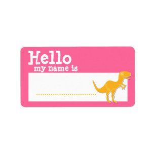 Oranje T-Rex Hallo Mijn naam is Pink van het Band Etiket