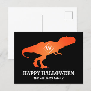 Oranje T Rex Happy Halloween Klantenfamilienaam Feestdagenkaart