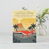 Oranje T-Rex & Volcano Modern Boy Birthday Party Kaart (Staand voorkant)