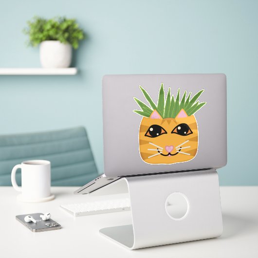 Oranje Tabby Cat Aloe Plant Planter Sticker (Laptop op bureau)