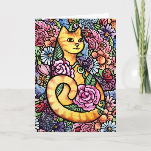 Oranje Tabby Cat Flower Garden Kaart (Voorkant)