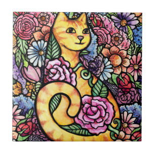 Oranje Tabby Cat Flower Garden Tegeltje