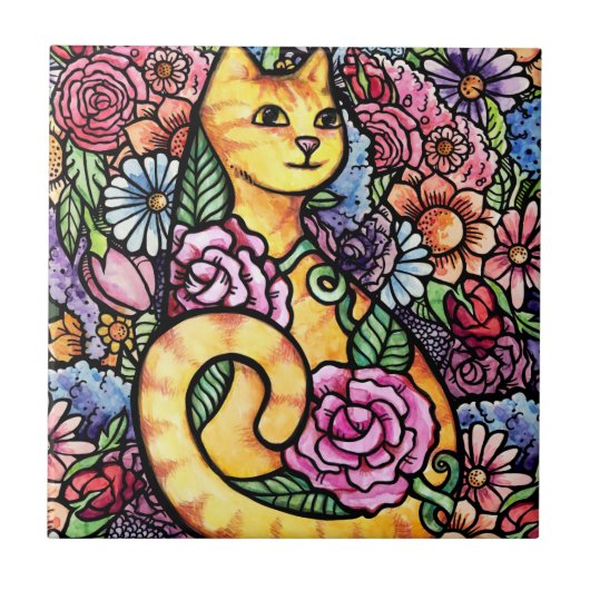 Oranje Tabby Cat Flower Garden Tegeltje (Voorkant)
