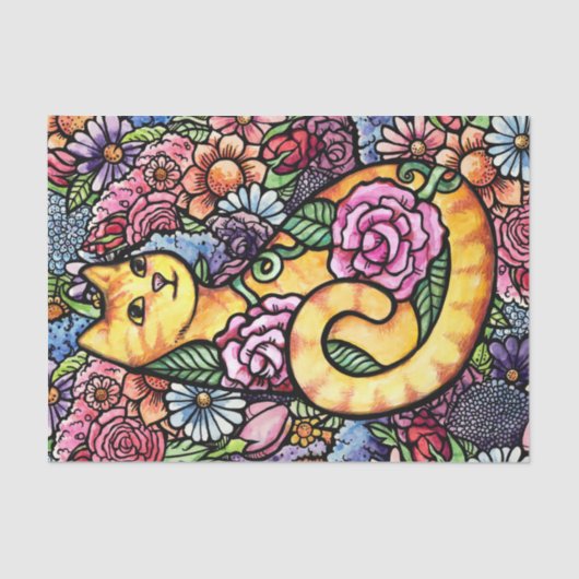 Oranje Tabby Cat Flower Garden Tissuepapier (Voorkant)