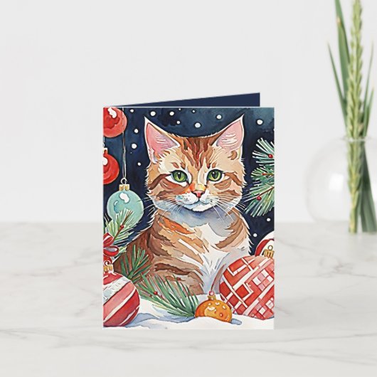 Oranje Tabby Cat Meowy Kerst Waterverf Kaart (Voorkant)