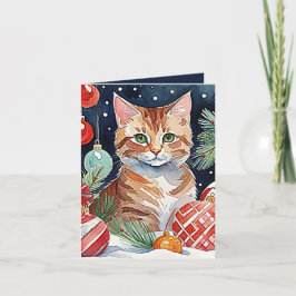 Oranje Tabby Cat Meowy Kerst Waterverf Kaart