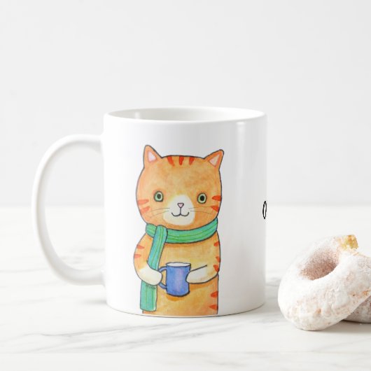 Oranje Tabby Cat met Hot Drink Funny Custom Name Koffiemok (Met donut)