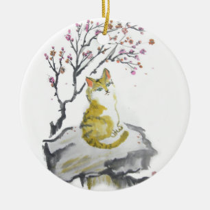 Oranje Tabby Cat met Plum Blossom Ornament