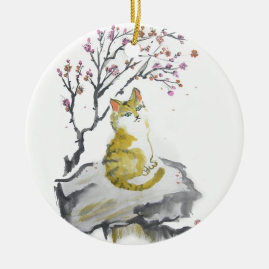 Oranje Tabby Cat met Plum Blossom Ornament (Voorkant)