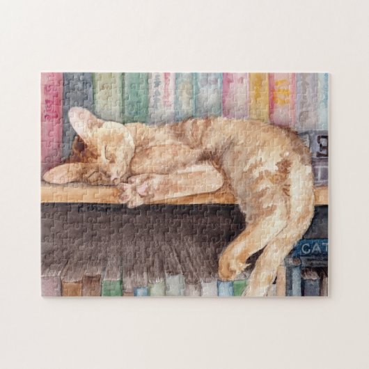 Oranje Tabby Cat op een boekenplank Legpuzzel (Horizontaal)