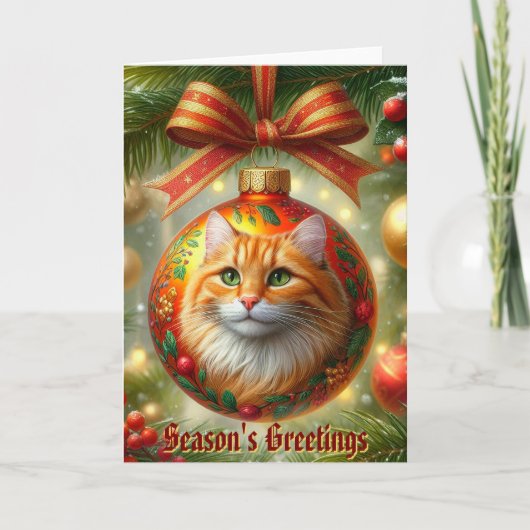 Oranje Tabby Cat Ornament op een kerst Kaart (Voorkant)