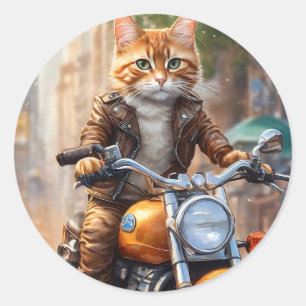 Oranje Tabby Cat Out voor een Motorcycle Ride Ronde Sticker