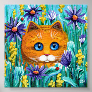 Oranje Tabby Cat Paars Aster Flowers Creationarts Poster