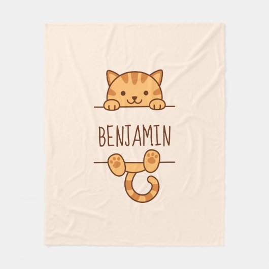 Oranje Tabby Cat Peeking achter aangepaste naam Fleece Deken (Voorkant)
