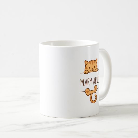 Oranje Tabby Cat Peeking achter aangepaste naam Koffiemok (Voorkant rechts)