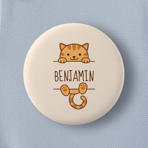 Oranje Tabby Cat Peeking achter aangepaste naam Ronde Button 5,7 Cm