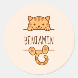 Oranje Tabby Cat Peeking achter aangepaste naam Ronde Sticker