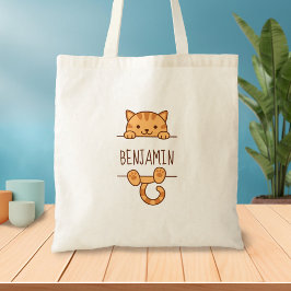 Oranje Tabby Cat Peeking achter aangepaste naam Tote Bag