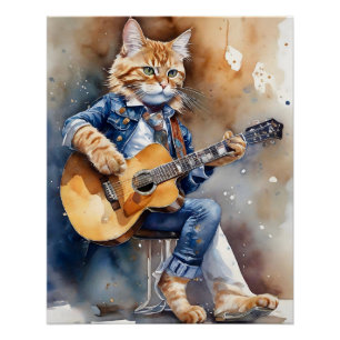Oranje Tabby Cat Rock Star Spelen Akoestische Gita Perfect Poster