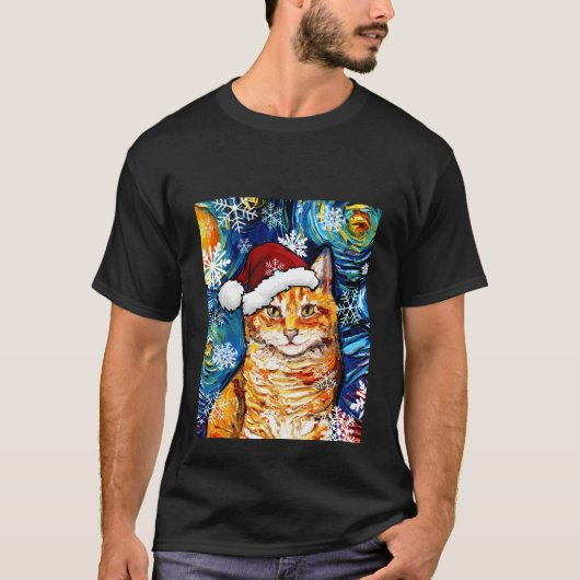 Oranje Tabby Cat Santa Sterrennacht Kerstkunst T-shirt (Voorkant)