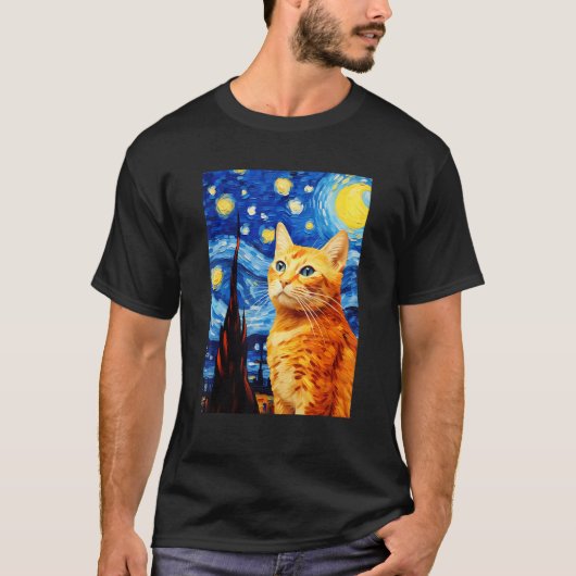 Oranje Tabby Cat Sterrennacht Vincent van Gogh Pet T-shirt (Voorkant)