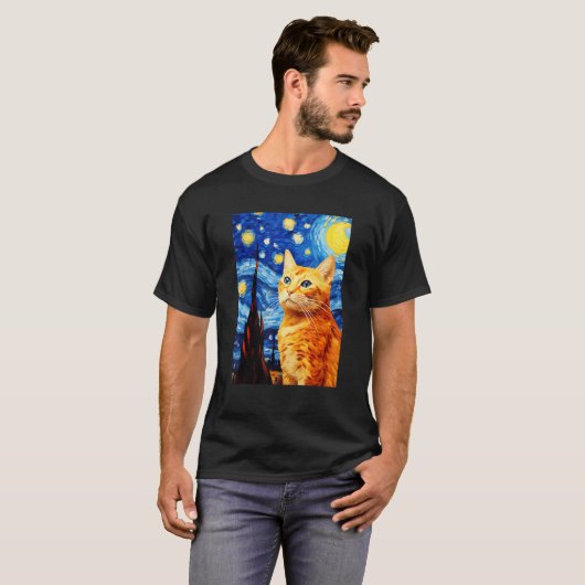 Oranje Tabby Cat Sterrennacht Vincent van Gogh Pet T-shirt (Voorkant volledig)