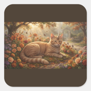 Oranje Tabby Eenhoorn Kat – Betoverde Herfsttuin Vierkante Sticker