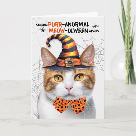 Oranje Tabby Halloween Cat PURRanormale MEOWolween Feestdagen Kaart (Voorkant)