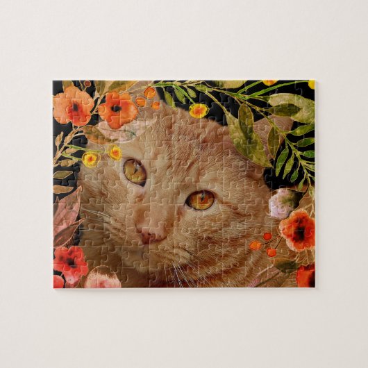 Oranje Tabby Kat Foto met bloem Lijst Jigzaag Legpuzzel (Horizontaal)
