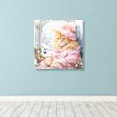 Oranje tabby kat gekleed in roze in een venster canvas afdruk (Insitu (Houten vloer))