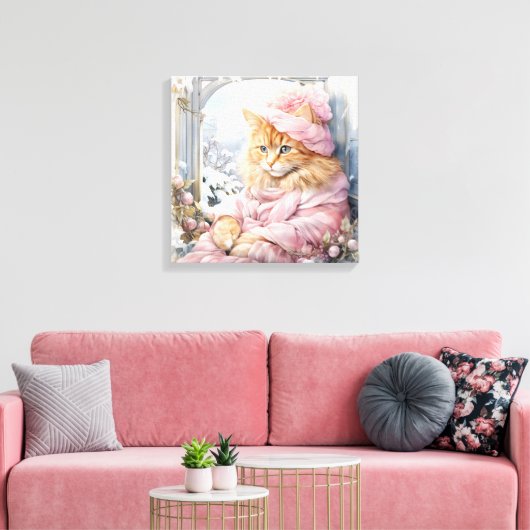 Oranje tabby kat gekleed in roze in een venster canvas afdruk (Insitu (Woonkamer))