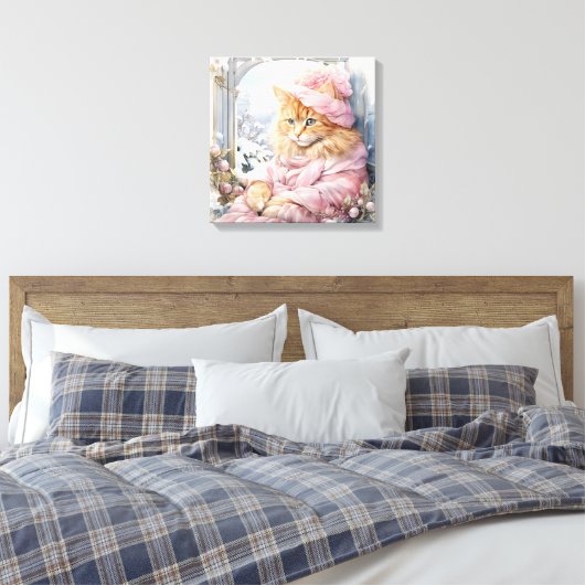 Oranje tabby kat gekleed in roze in een venster canvas afdruk (Insitu (Slaapkamer))