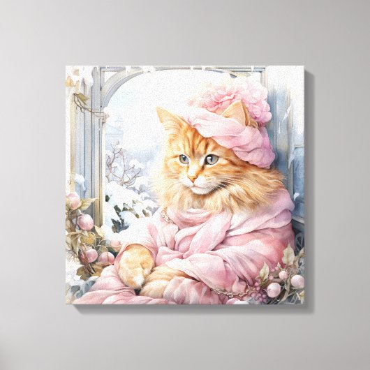 Oranje tabby kat gekleed in roze in een venster canvas afdruk (Voorkant)