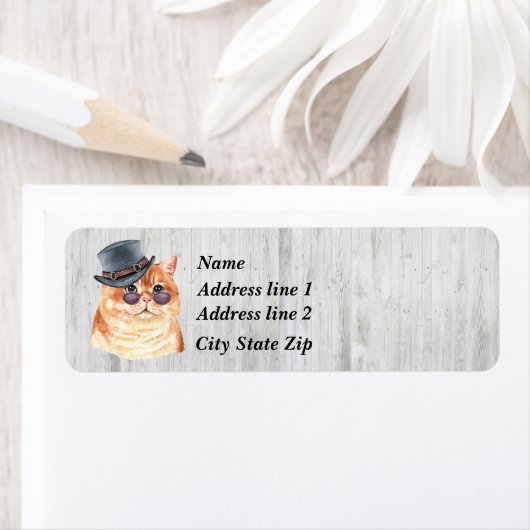 Oranje Tabby Kat Zonnebril En Fancy Hoed Etiket (Insitu)