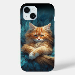 Oranje Tabby Kitten in bed van blauwe veren iPhone 15 Case