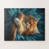 Oranje Tabby Kitten in bed van blauwe veren Legpuzzel (Horizontaal)