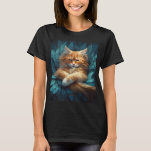 Oranje Tabby Kitten in bed van blauwe veren T-shirt