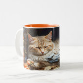 Oranje Tabby Kitten in bed van blauwe veren Tweekleurige Koffiemok (Voorkant links)