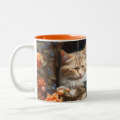 Oranje Tabby Kitten in bed van blauwe veren Tweekleurige Koffiemok (Links)