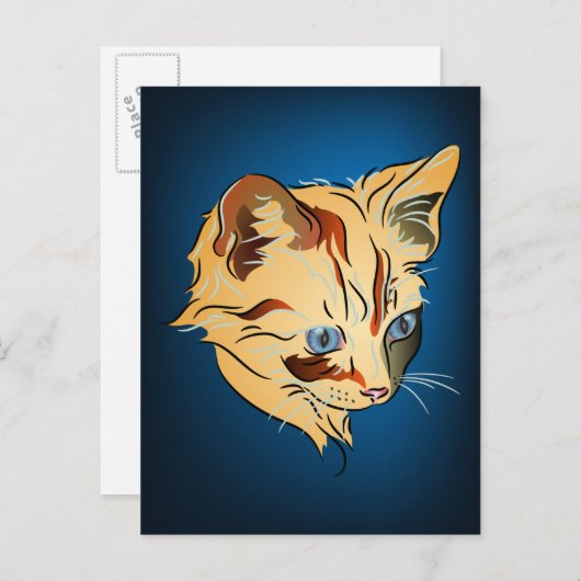 Oranje Tabby Kitten met blauwe ogen op blauw Briefkaart (Voorkant / Achterkant)