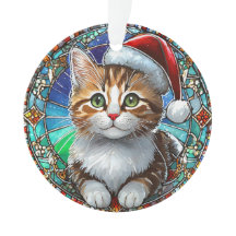 Oranje Tabby Kitten met Santa Hat Glas in lood