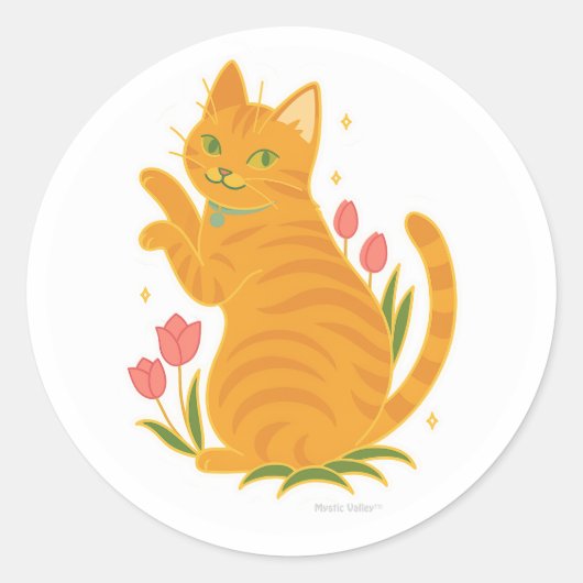 Oranje Tabby met Tulpen Ronde Sticker (Voorkant)