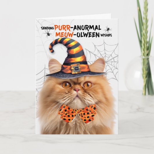 Oranje Tabby Perzische Kat PURRanormale MEOWolween Feestdagen Kaart (Voorkant)