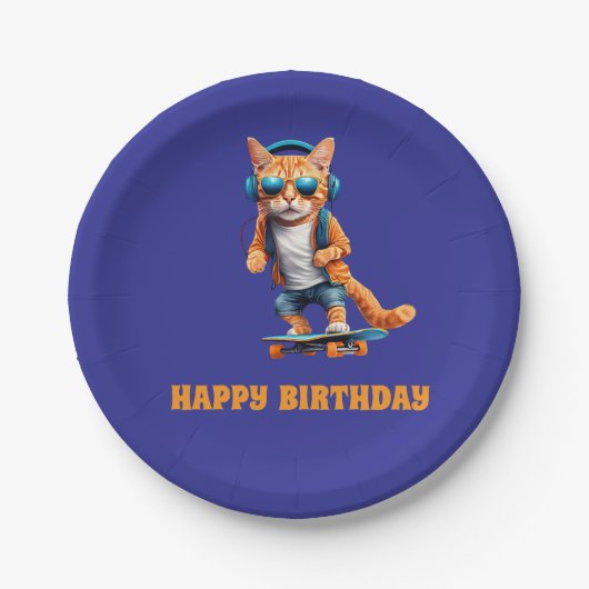 Oranje Tabby Skateboarder Papieren Bordje (Voorkant)