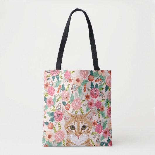 Oranje tabletten katten en floralen tote bag (Voorkant)