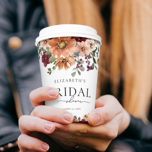 Oranje Terracotta Bourgondië Bloemige Bruidsdouche Papieren Bekers