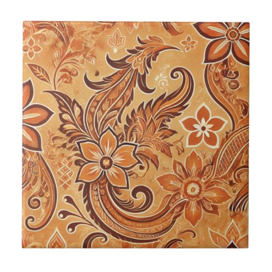 Oranje Terracotta Floral Boho Indonesische Batik Tegeltje (Voorkant)