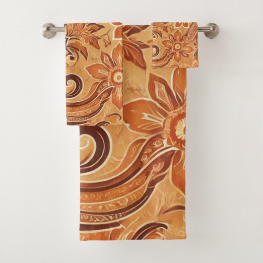 Oranje Terracotta Indonesische Batik Bloemenpatroo Bad Handdoek (Insitu)