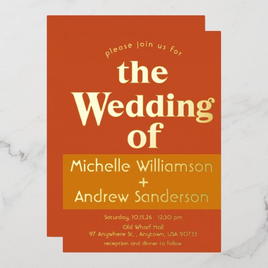 Oranje Terracotta Modern Retro Folie Uitnodiging (Voorkant / Achterkant)