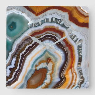 Oranje Terracotta Wit Zwart Blauw Agaat Geode Vierkante Klok